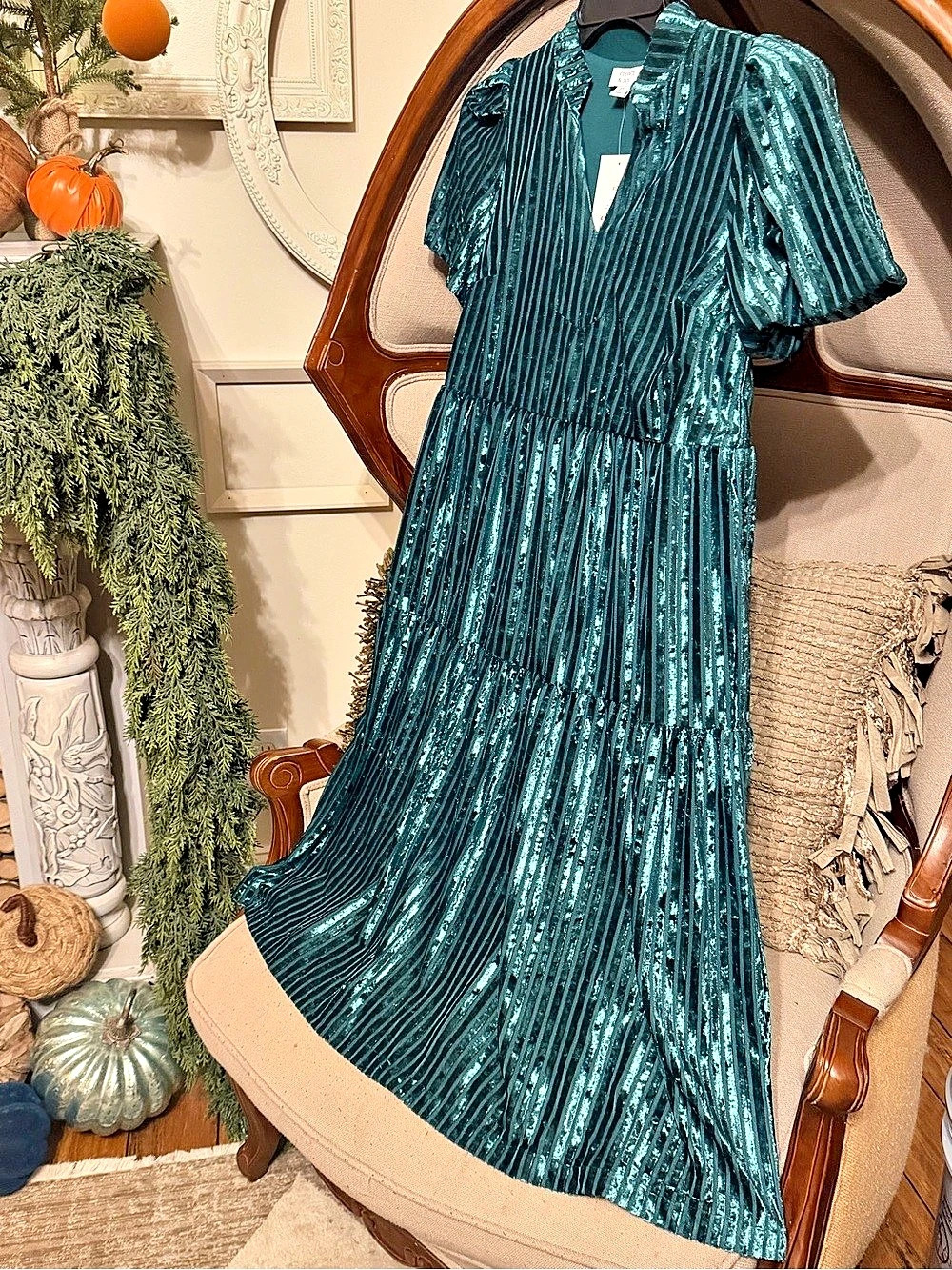 Crown & Ivy Striped sparkle midi Dress in Green Size XS NWT